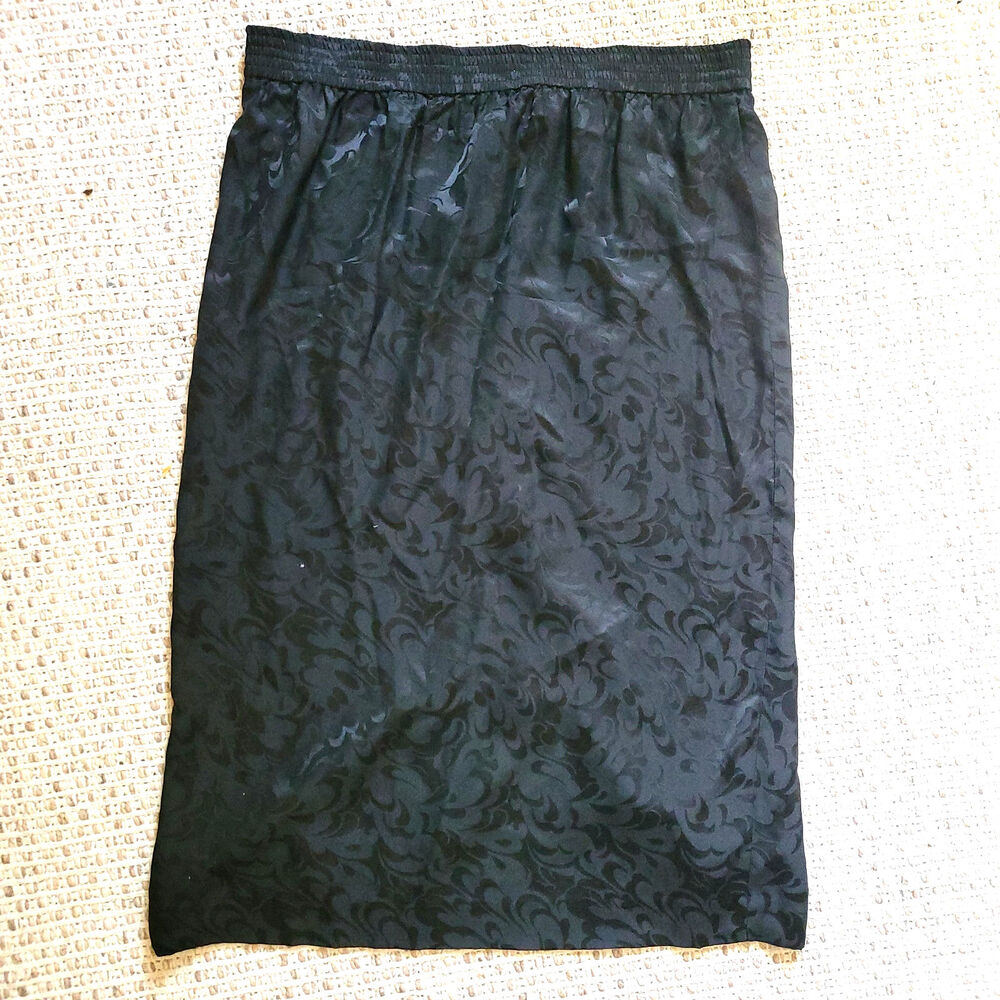 Vintage 90s Sz 8 Adrianna Papell 100% Silk Midi Skirt Black Satin Floral Goth